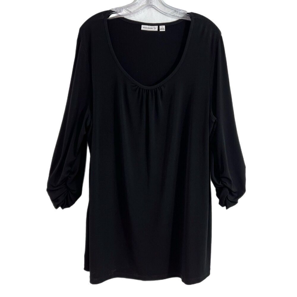 Susan Graver Tunic Top Women's L Liquid Knit Ruched Sleeve Black 3/4 Sleeves